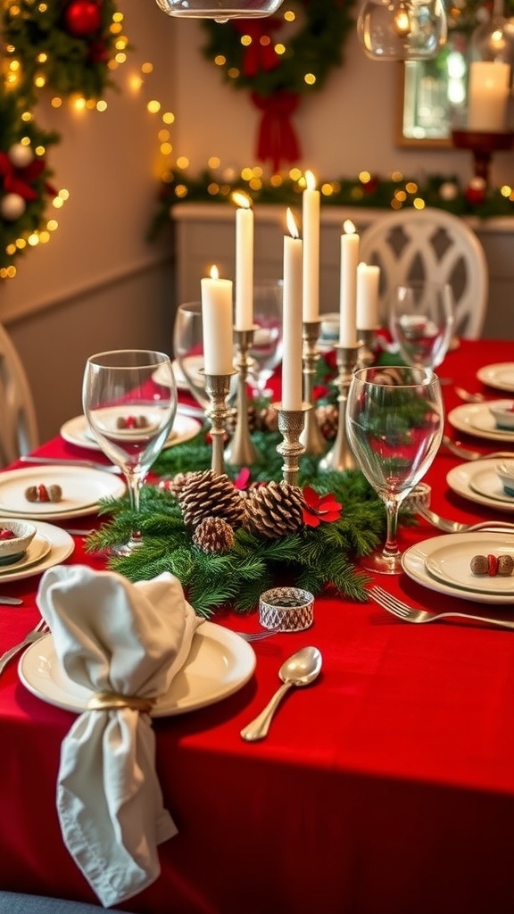 A simple yet elegant Christmas dinner table setting with red tablecloth, white plates, and festive decorations.
